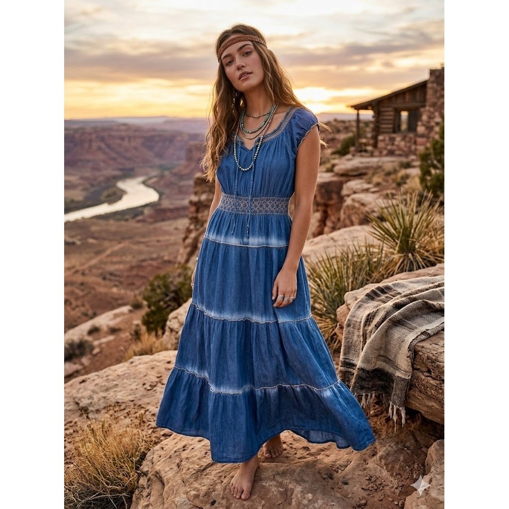 LapisTiered Boho‎ Maxi Dress Smocked Waist Embroidered L Boho Gypsy  Festival